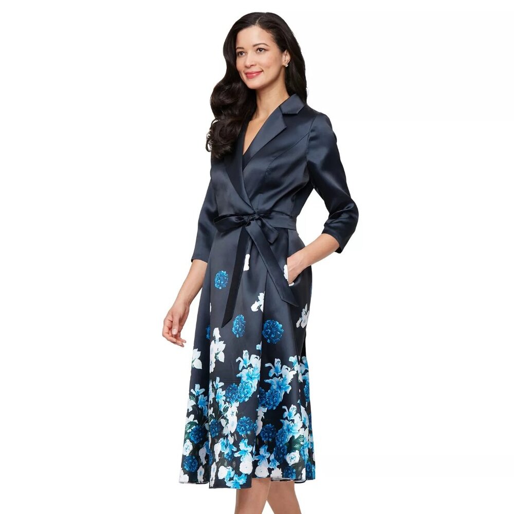 Alex Evenings Women's Stretch Faille 3/4-Sleeve A-Line Dress Navy Multi Size 16
